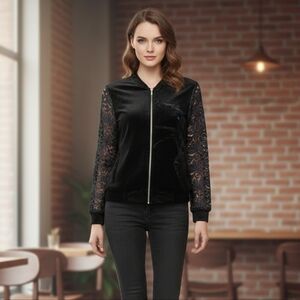 Elie Tahari Black Bomber Jacket with Lace Sleeves